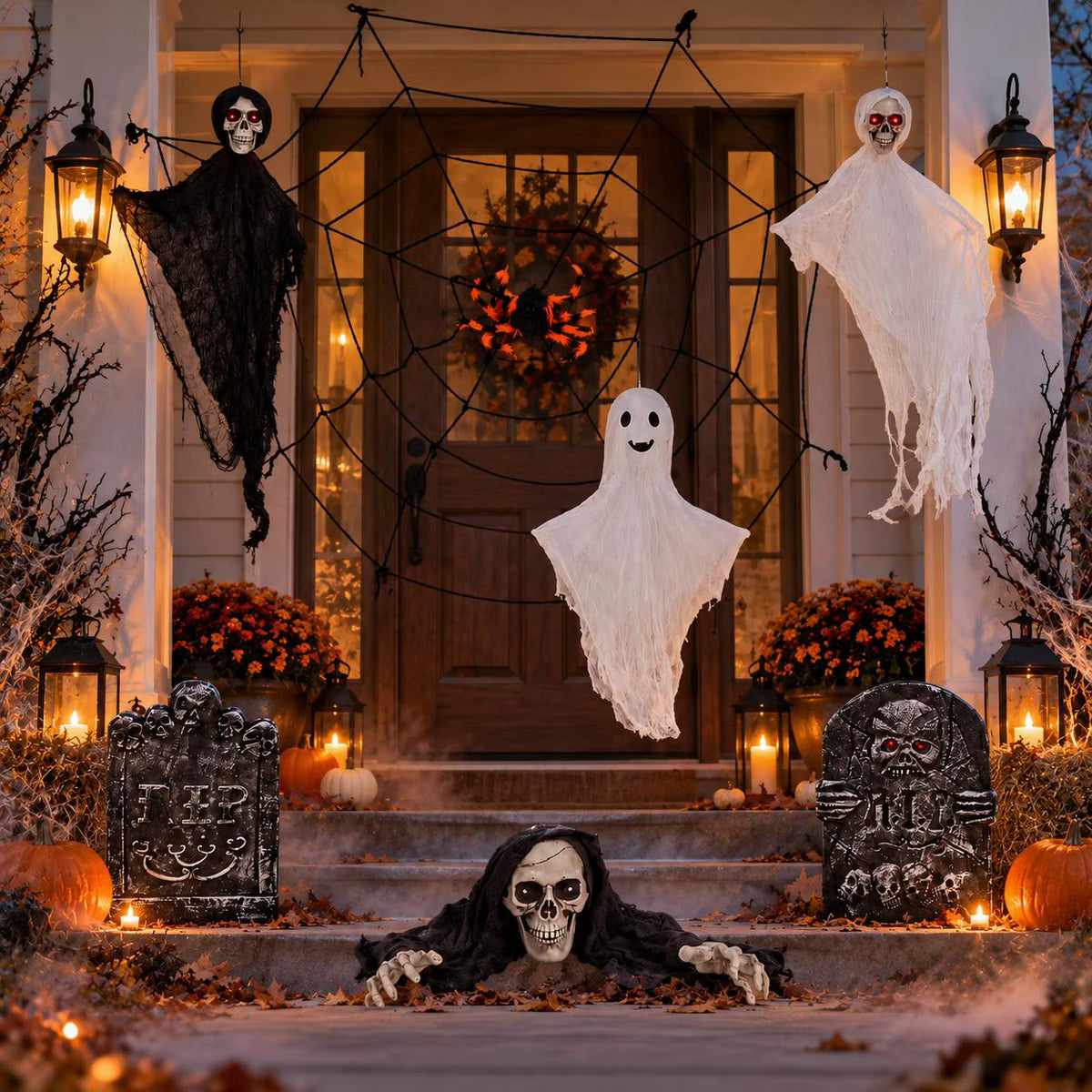 Laukingdom 8-Piece Outdoor Halloween Decorations Set with LED Light-Up Ghosts Cobweb Gravestone for Yard Patio Lawn 8pcs