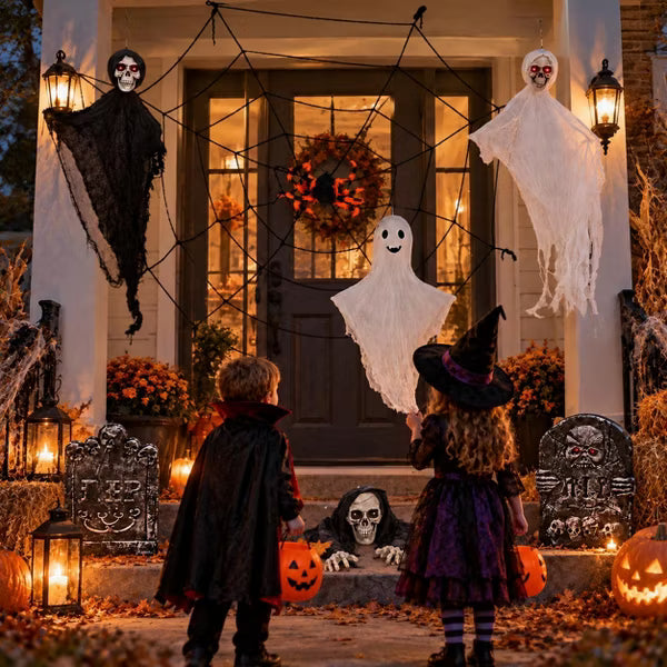 Laukingdom 8-Piece Outdoor Halloween Decorations Set with LED Light-Up Ghosts Cobweb Gravestone for Yard Patio Lawn 8pcs