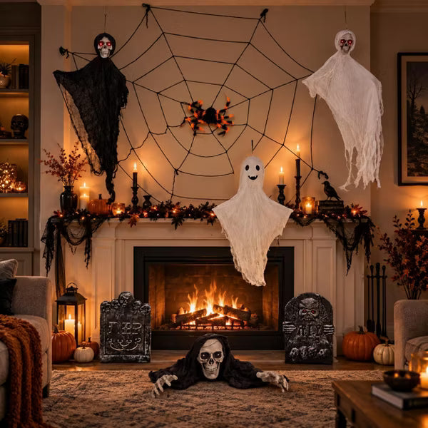 Laukingdom 8-Piece Outdoor Halloween Decorations Set with LED Light-Up Ghosts Cobweb Gravestone for Yard Patio Lawn 8pcs