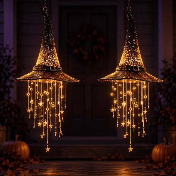 LauKingdom 2-Pack Lighted Witch Hat Hanging Decor, Halloween Witch Hats with Warm LED Lights and Star Tassels for Porch, Home and Party