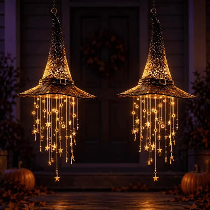 LauKingdom 2-Pack Lighted Witch Hat Hanging Decor, Halloween Witch Hats with Warm LED Lights and Star Tassels for Porch, Home and Party