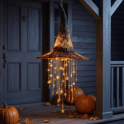 LauKingdom 2-Pack Lighted Witch Hat Hanging Decor, Halloween Witch Hats with Warm LED Lights and Star Tassels for Porch, Home and Party