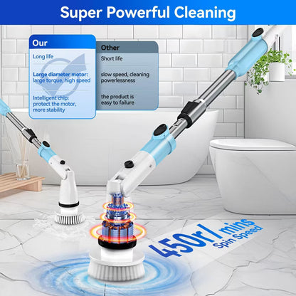 TASVAC EB5 Electric Spin Scrubber, 450RPM Cordless Shower Cleaner with 5 Replaceable Cleaning Heads and Adjustable Extension Arm