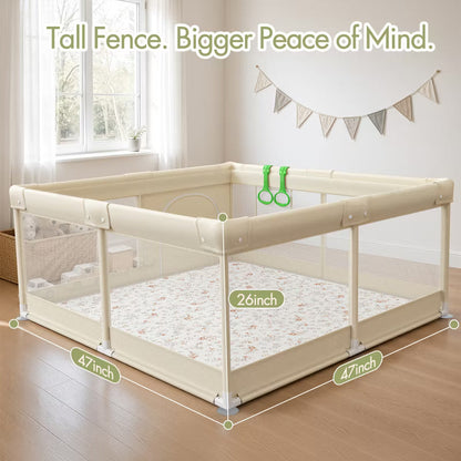 Fodoss Baby Playpen with Cotton-Padded Mat, 47 x 47 Inch Playpen for Babies & Toddlers, Indoor & Outdoor Safety Fence (yellow)