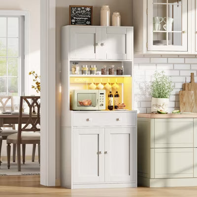Qwatto 71'' Tall White Farmhouse Kitchen Pantry Storage Cabinet Freestanding Microwave Stand with Hutch Doors Drawers for Dining Room Furniture