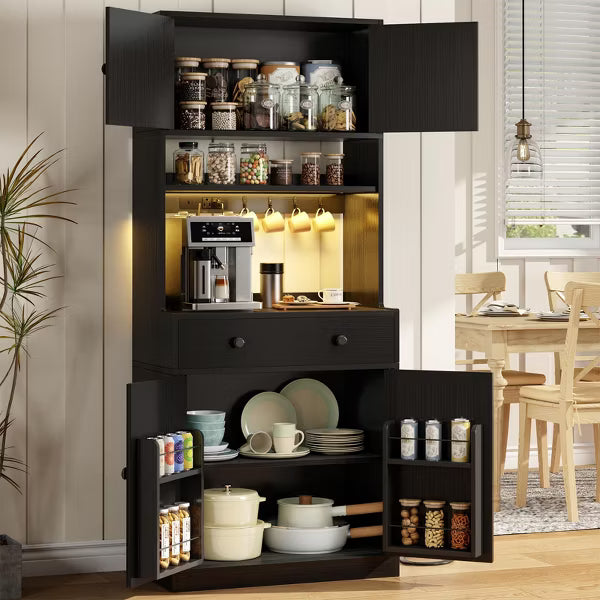 Qwatto 71'' Tall White Farmhouse Kitchen Pantry Storage Cabinet Freestanding Microwave Stand with Hutch Doors Drawers for Dining Room Furniture