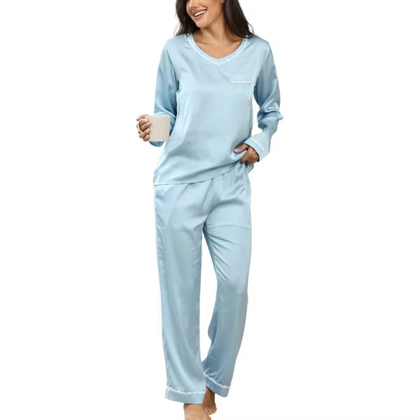 Ekouaer Women's Silky Satin V-Neck Long Sleeve Long Pants Pajama Set with Lace Trim Black Small