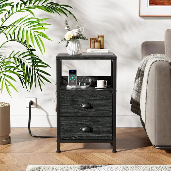 Qwatto Set of 2 Nightstands with Charging Station and USB Ports Modern Bedside Side Tables with 2 Fabric Drawers and Storage Shelves Bedroom Black