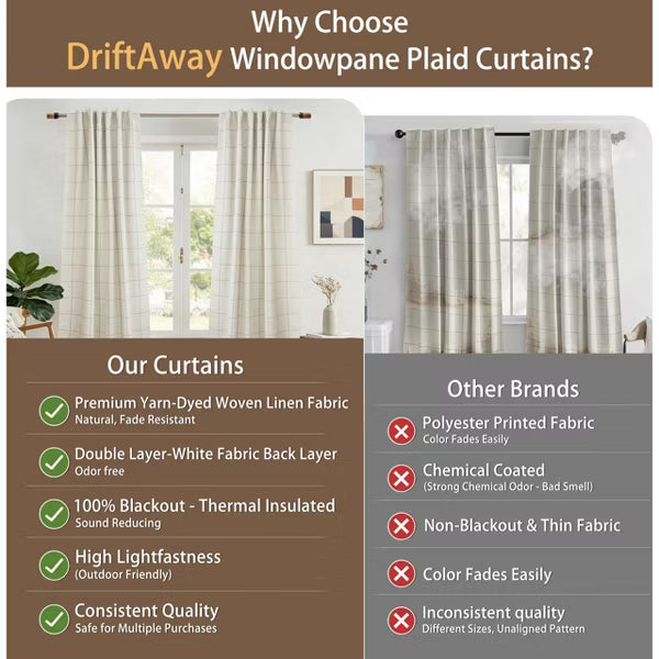 DriftAway 100% Blackout Windowpane Plaid Linen Curtains Yarn Dyed Woven Lined Farmhouse Drapes Taupe 52X84