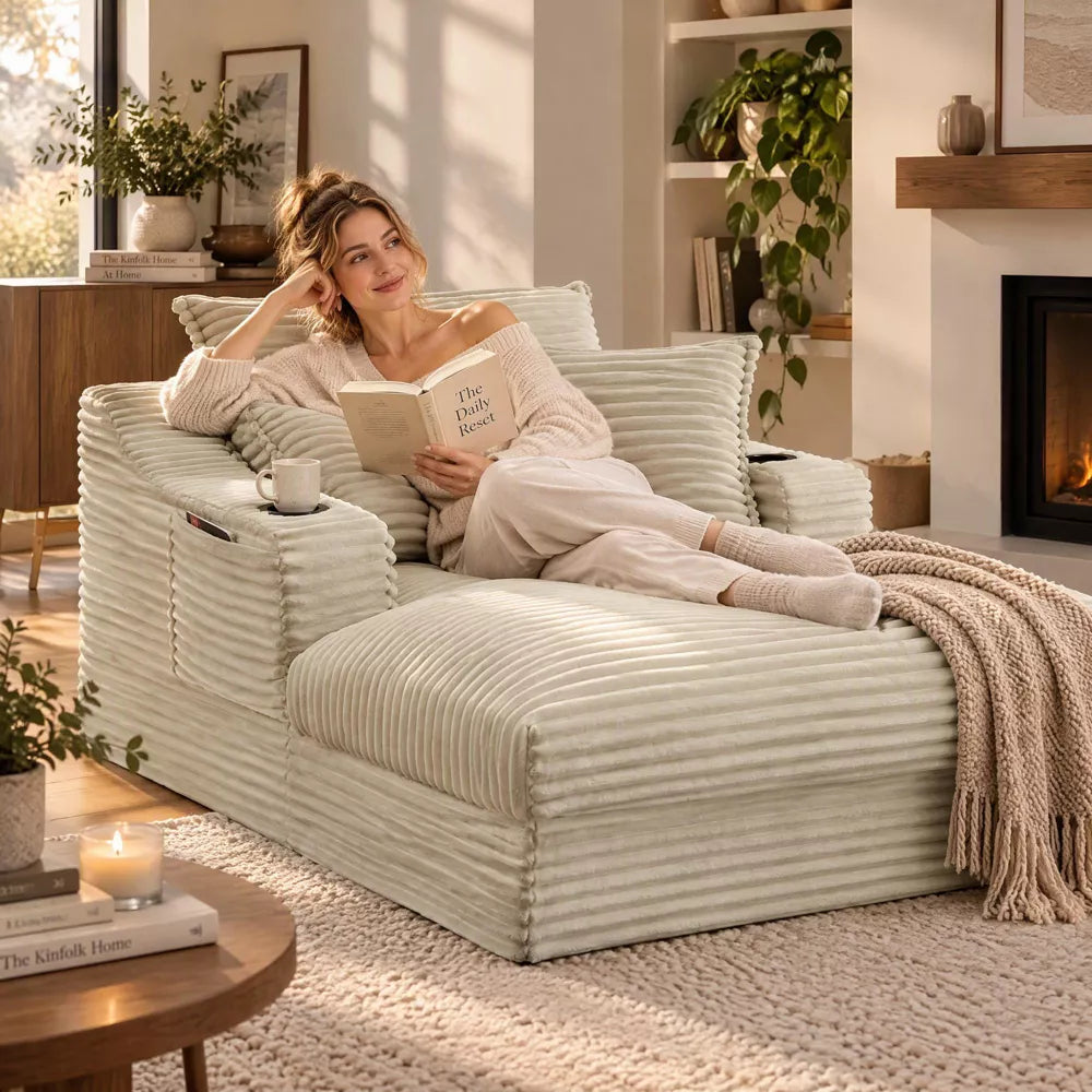 47.2" Modern Lounge Chair Sofa, Cushioned Accent Chair with Double-Layer Seat, Cup Holders & Side Pockets for Living Room or Bedroom