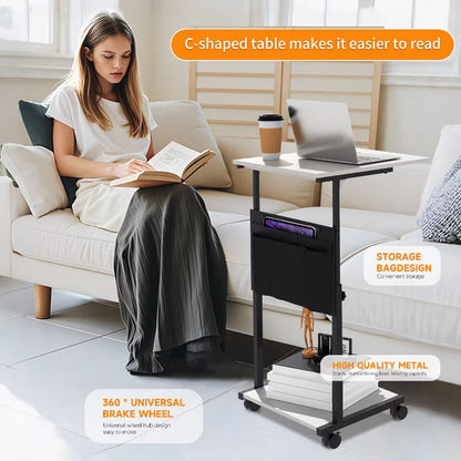 KOLIGEY Height Adjustable C-Shaped End Table with Wheels, Mobile Sofa Side Table with Storage Pocket, Rolling Laptop Desk, Lockable Casters
