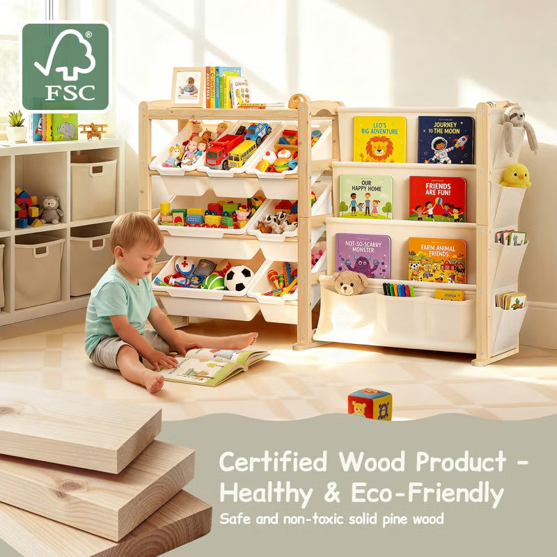 Solid Wood Toy Organizer and Bookshelf 2-in-1, Natural Pine Kids Storage Shelf with 7 Bins, Side Pockets and 4-Tier Book Rack for Playroom or Nursery