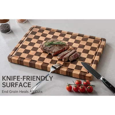 Checkered Cutting Board, Acacia Wood Chopping Board with Grooves and Handles, Butcher Block Serving Board for Kitchen, 16.5" x 11.6