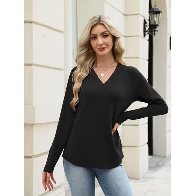 Zeagoo Women's Long Sleeve Lace Trim V-Neck Casual Tunic Top-Black-S
