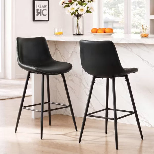 KERDOM Set of 2 Bar Stools, 24" Counter Height Bar Stools with Upholstered Backrest, Black Metal Legs, 250 lbs Capacity,Black