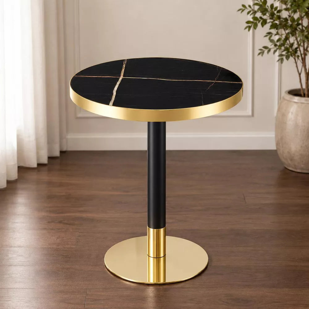 LauKingdom 23.6" Obsidian Gold Round Dining Table for 2, Stone-Look Top, Black/Gold Pedestal Base, Bistro Kitchen Table for Apartment Breakfast Nook