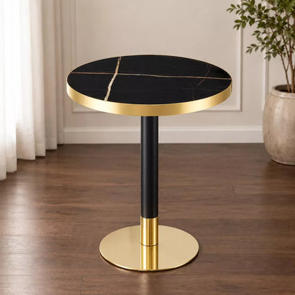 LauKingdom 23.6" Obsidian Gold Round Dining Table for 2, Stone-Look Top, Black/Gold Pedestal Base, Bistro Kitchen Table for Apartment Breakfast Nook