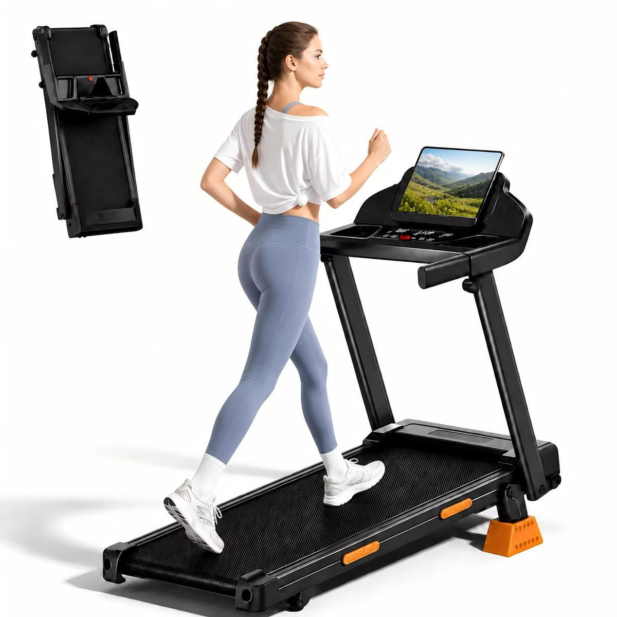 KikiBriz Foldable Treadmill with 16% Incline, 3-in-1 Design, 3 Screen Display, 12 Programs and 400 lb Capacity for Home Use (DEEP BLACK)