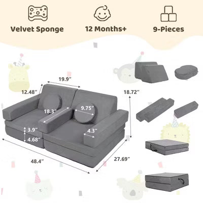 TODECARE 9-Piece Kids Convertible Foam Sofa Play Set with Modular Cushions, Gray