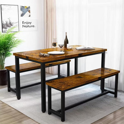 Hooseng 3-Piece Dining Table Set for 4, 43'' Dining Room Table Set with 2 Benches, Space-Saving Dinette Table for Kitchen, Dining Room