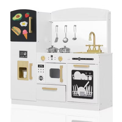 TODECARE Wooden Play Kitchen for Kids with Sink, Microwave, Ice Maker and Dishwasher, Gift for Boys and Girls Age 3+