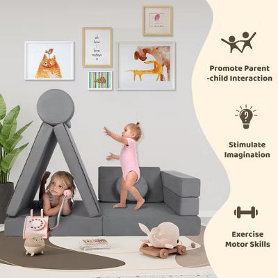 TODECARE 9-Piece Kids Convertible Foam Sofa Play Set with Modular Cushions, Gray