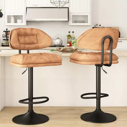 Hooseng Upholstered Bar Stool Set of 2, Liftable Counter Height Bar Stools with Black Metal Legs, Backrest and Footrest