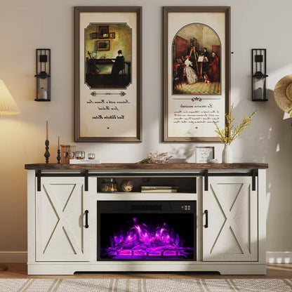 AMERLIFE Fireplace TV Stand with Sliding Barn Door for TVs up to 73", Farmhouse 63" Fireplace Entertainment Center