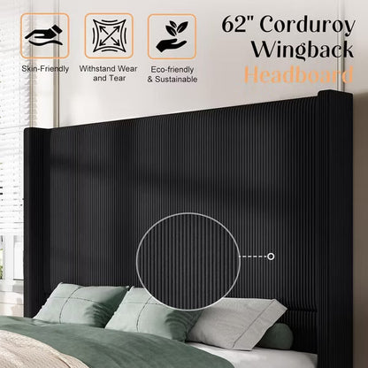 AMERLIFE Size 62" Corduroy Upholstered Bed Frame Extra Tall Wingback Headboard