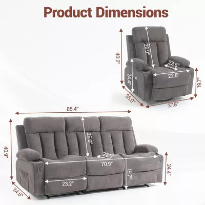 BOSMILLER Manual Recliner Sofa Set, 2 Piece Reclining Living Room Furniture Sets with Cup Holders for Home Theater, Office (Grey, Sofa+Chair)