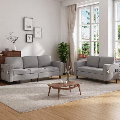 Mjkone 3PCS Convertible Sectional Sofa Set, Linen 3-Seater Sofa & Loveseat Couch with Side Pocket, Storage Ottoman-Light Grey
