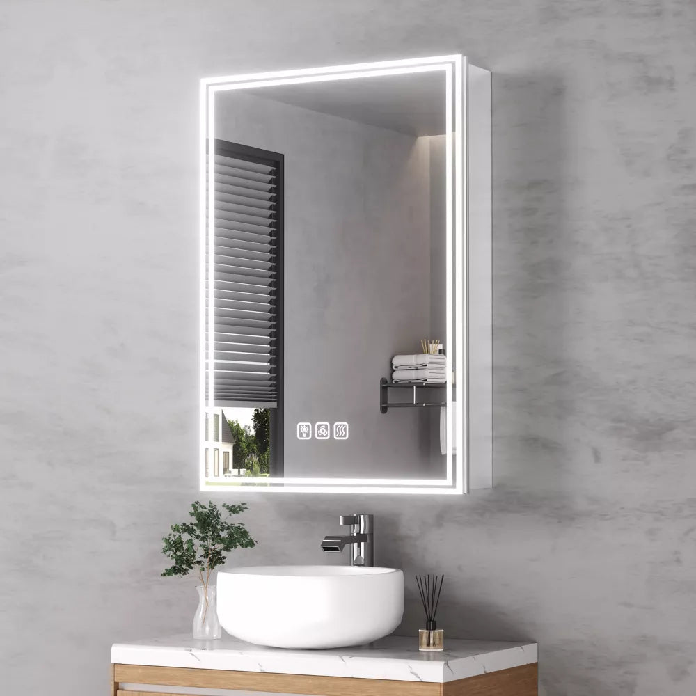 FAMYYT 20x28 inch Aluminum LED Bathroom Medicine Cabinet with Mirror and Lights, Surface/Recessed Vanity, Anti-Fog, Left Hinge