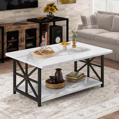 Hooseng Coffee Table for Living Room with Round Corners, 2 Tier Rectangular Center Table with Storage Shelf for Small Spaces