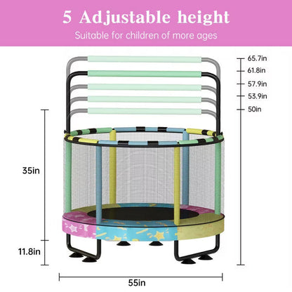 Hooseng 55" 7-in-1 Round Trampoline for Kids with Safety Enclosure Net, Indoor & Outdoor Toddler Trampoline with Adjustable Gymnastics Bar & Toys