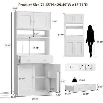 Qwatto 71'' Tall White Farmhouse Kitchen Pantry Storage Cabinet Freestanding Microwave Stand with Hutch Doors Drawers for Dining Room Furniture