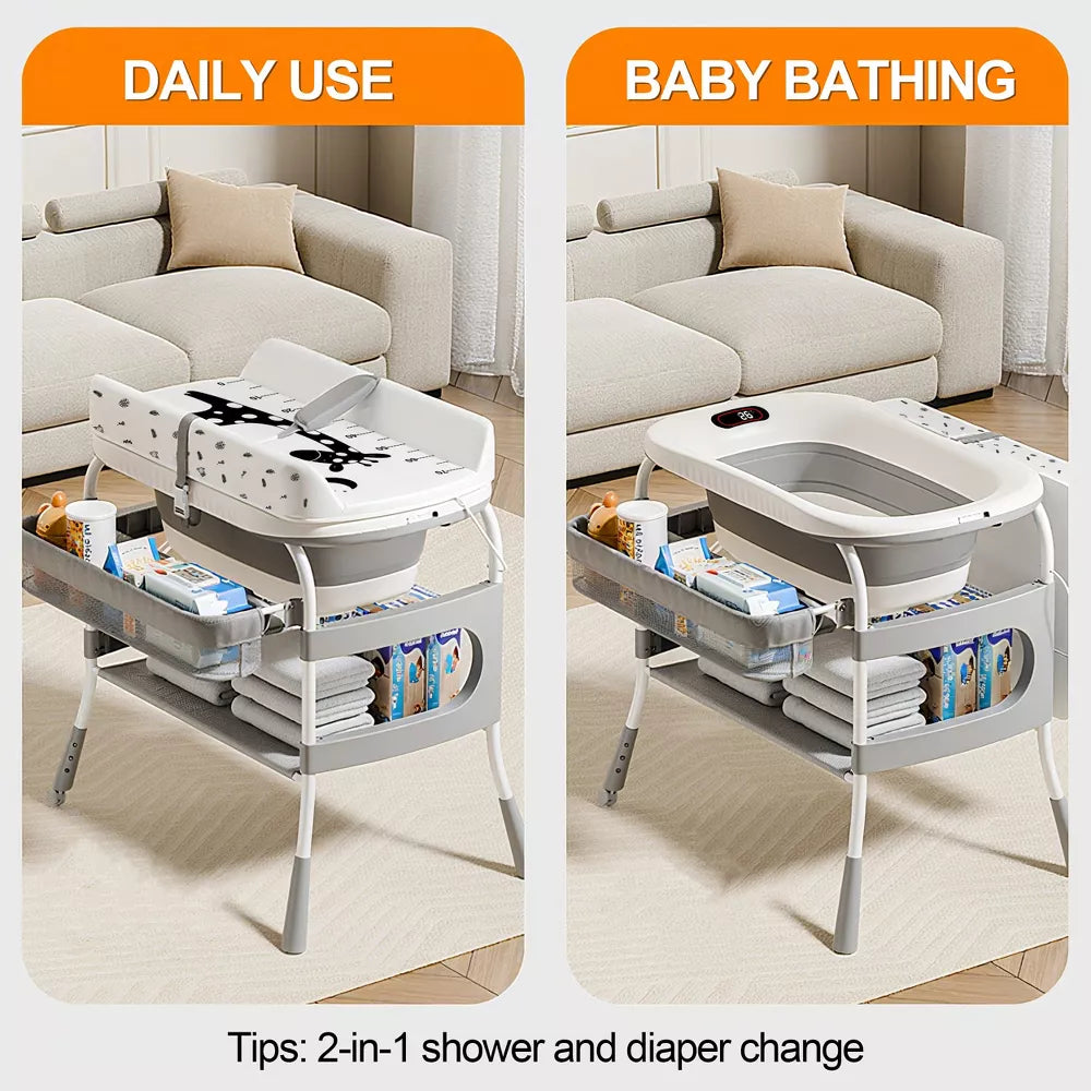 Kmaier 2-in-1 Baby Changing Table and Bath Tub,Foldable Design and Storage for Newborn Care-Light-Grey