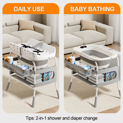 Kmaier 2-in-1 Baby Changing Table and Bath Tub,Foldable Design and Storage for Newborn Care-Light-Grey