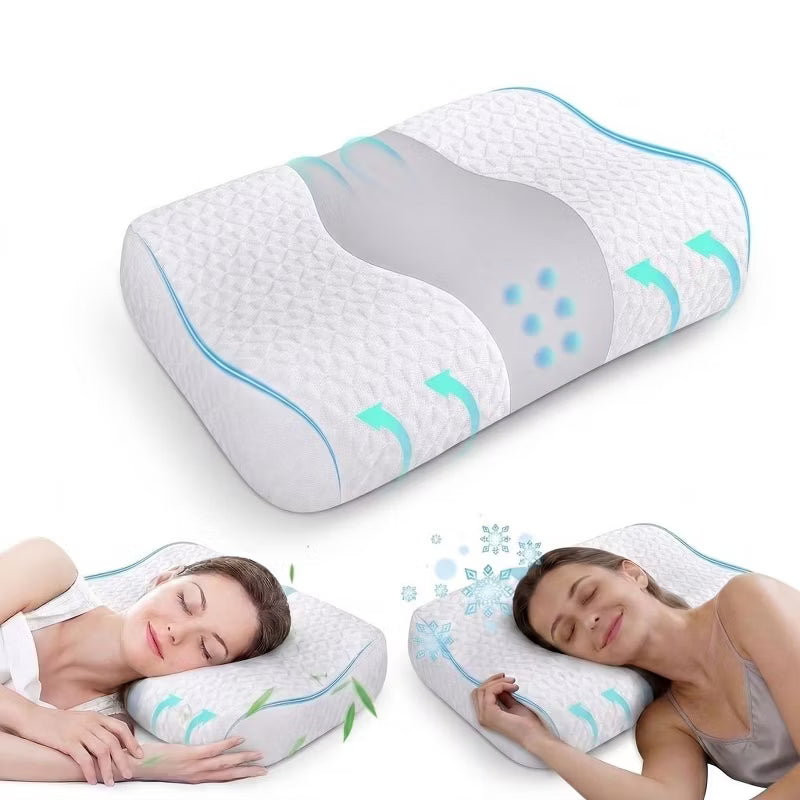Bed Pillow, Cervical Neck Pillow for Pain Relief, Contour Memory Foam Pillows for Sleeping, Neck Support for Side Back Stomach Sleepers Gray