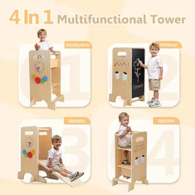 KOLIGEY Beige Toddler Tower 4-in-1 Multifunctional Kitchen Stool Helper with Removable Safety Board, Adjustable Heights