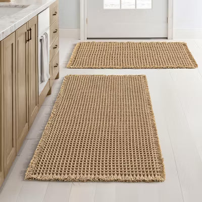 Set of 2 Waffle Bath Rugs Boho Style, Non-Slip Washable Ultra Soft Rubber Backed for Bathroom Floor