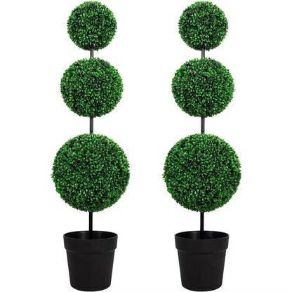 ROMSWI 3FT Artificial Triple Ball Boxwood Topiary Tree 2 Pack UV Resistant Faux Topiary Plant for All-Season Home Office Porch Entryway Decor