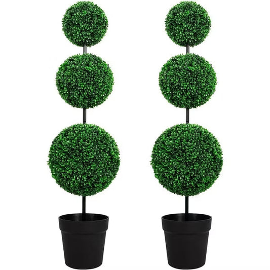 ROMSWI 3FT Artificial Triple Ball Boxwood Topiary Tree 2 Pack UV Resistant Faux Topiary Plant for All-Season Home Office Porch Entryway Decor