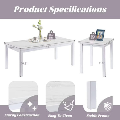 Hooseng Coffee Table Set of 3, Rectangle Coffee Table with Two End Side Table, Faux Marble Tabletop Style with Metal Frame