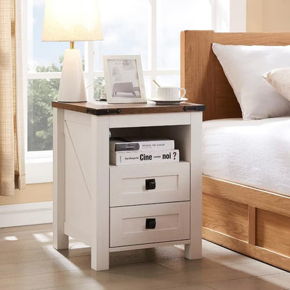 Farmhouse Nightstand wtih Charging Station, 18" End Table Side Table with 2 Drawers for Bedroom, Living Room