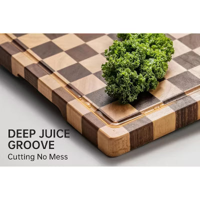 Checkered Cutting Board, Acacia Wood Chopping Board with Grooves and Handles, Butcher Block Serving Board for Kitchen, 16.5" x 11.6