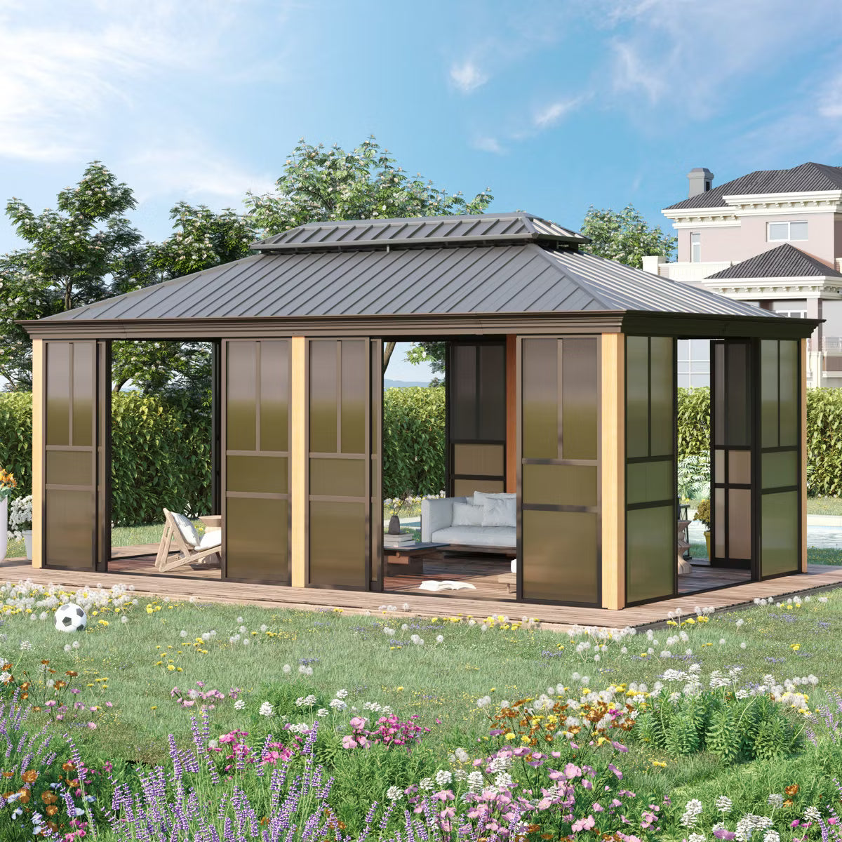 EROMMY 20 Ft. W X 12 Ft. D Outdoor Hardtop Gazebo, Double Top Galvanized Steel Roof Aluminum Sunroom