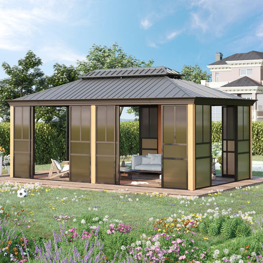 EROMMY 20 Ft. W X 12 Ft. D Outdoor Hardtop Gazebo, Double Top Galvanized Steel Roof Aluminum Sunroom