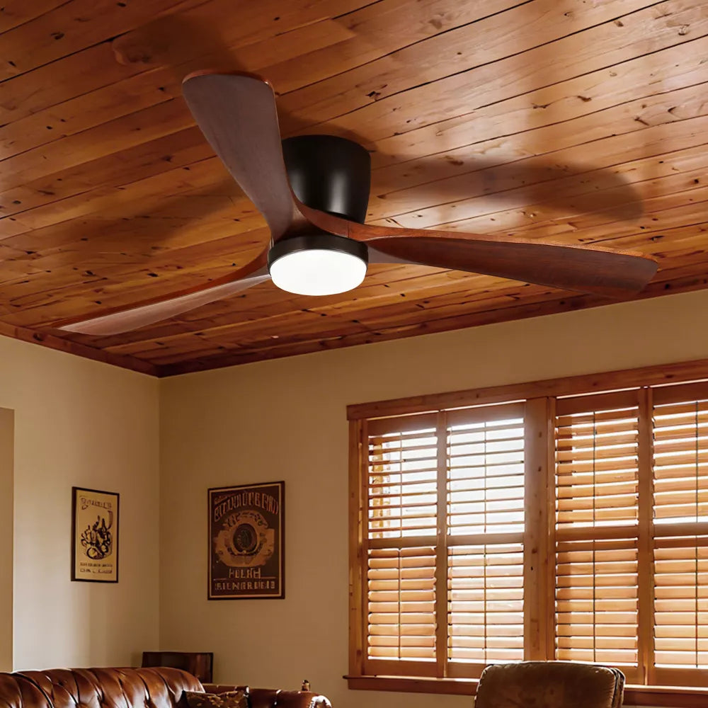 Wanze of Ocean 42 Inch Low Profile Flush Mount Ceiling Fans with Lights, Reversible DC Motor, 3 Solid Wood Blades, 3-Way Control, Black