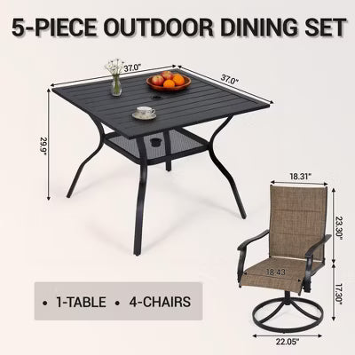 BOSMILLER 5-Piece Patio Dining Set with 4 Swivel Chairs & Square Metal Table, Umbrella Hole, All-Weather Outdoor Furniture - Brown