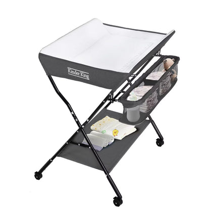 Kinder King Portable Baby Changing Table with Wheels, 4-Level Adjustable Height, Foldable Diaper Station with Storage, Gray